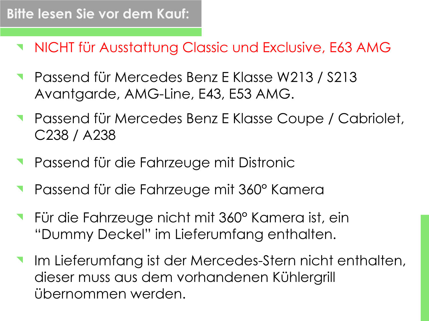Kühlergrill Grill Diamant Schwarz für Mercedes E-Klasse W213 S213 A238 C238 VFL 2016-2020 pz206