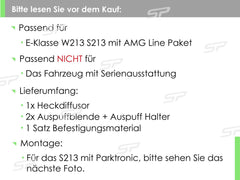 NUR FÜR BENZIN Diffusor Heckdiffusor + Auspuffblenden Schwarz Glanz für Mercedes E-Klasse W213 S213 AMG Line di33