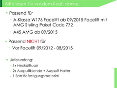 Diffusor Heckdiffusor + Schwarz Auspuffblenden für Mercedes AKlasse W176 AMG Line A45 AMG 2015+