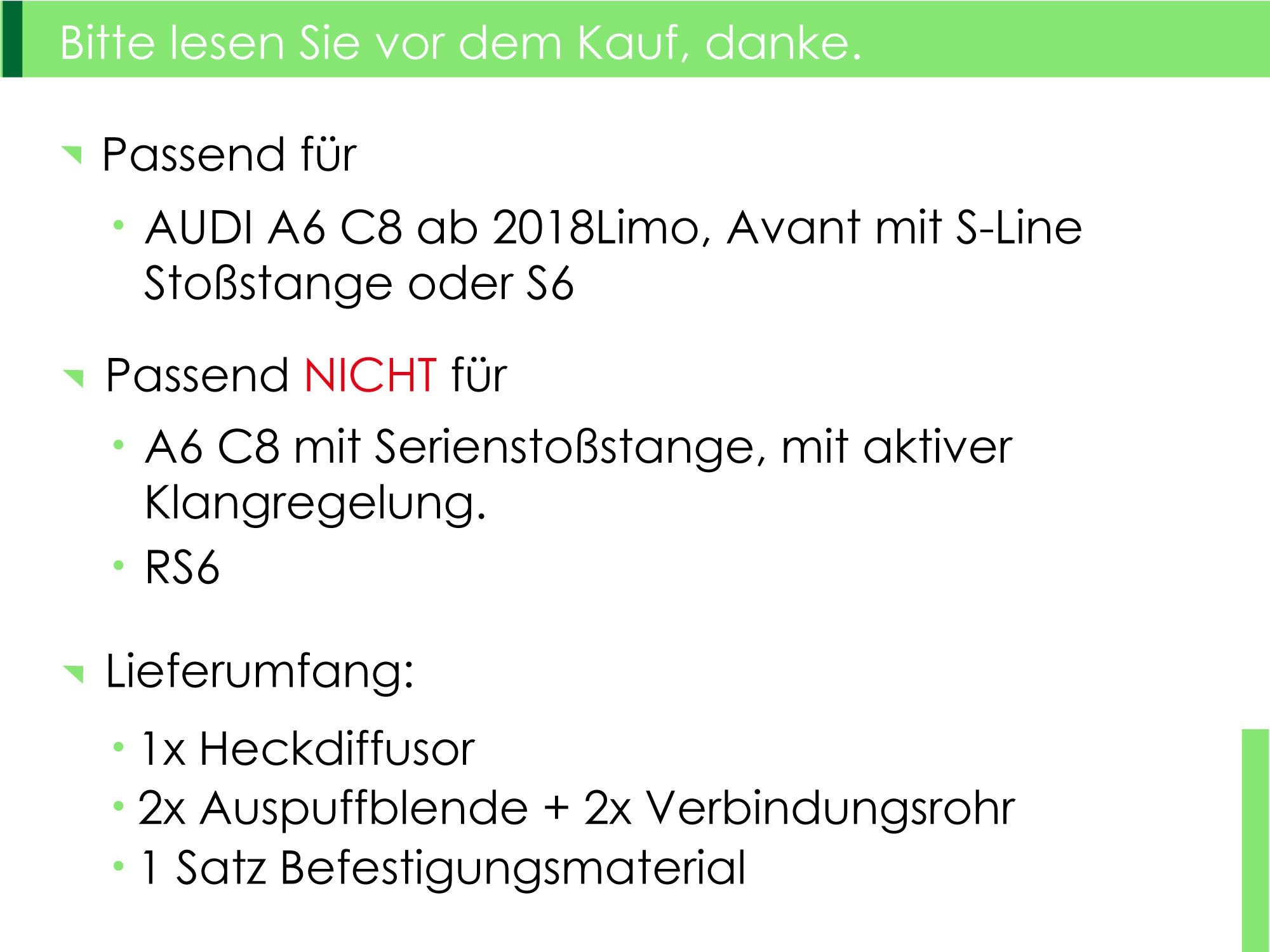 Schwarz Diffusor Heckdiffusor + Auspuffblenden für AUDI A6 S6 C8 Limo Avant S-Line ab 2018 di92