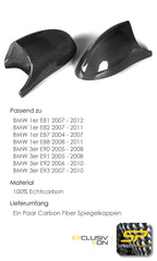 Spiegelkappen Außenspiegelkappen 100% Echt Carbon Fiber Passend für E81 E82 E87 E88 E90 E91 E92 E93 Pre-LCI