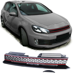 Grill Kühlergrill Wabengrill Schwarz mit Roter Leiste für VW Golf 6 auch GTI 2008-2013 Ohne Emblem