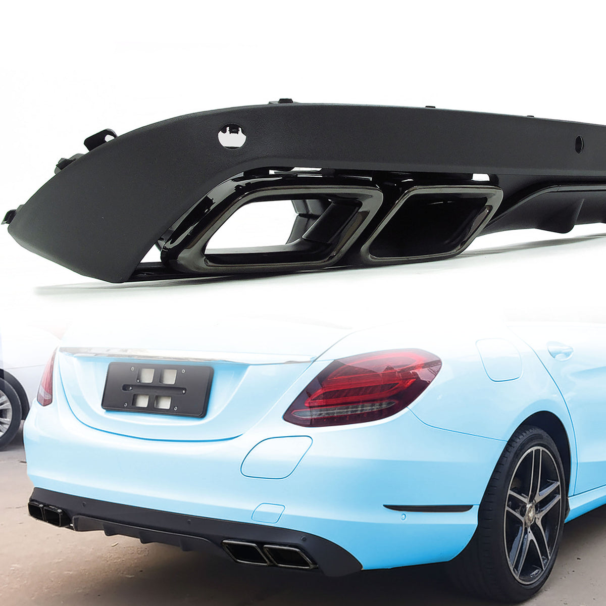 Diffusor + Schwarz Auspuffblenden für Mercedes Benz C-Klasse W205 Serienstoßstange Avantgarde 2014-2021 di21