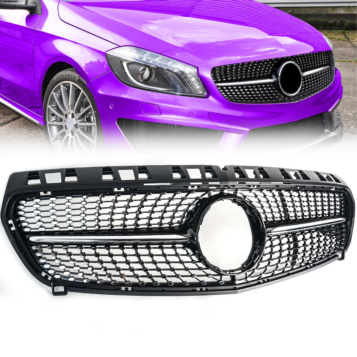 Kühlergrill Diamantgrill Diamant Grill Frontgrill Schwarz für Mercedes Benz A Klasse W176 A180 A220 OHNE Kamera 2012-2015 VFL