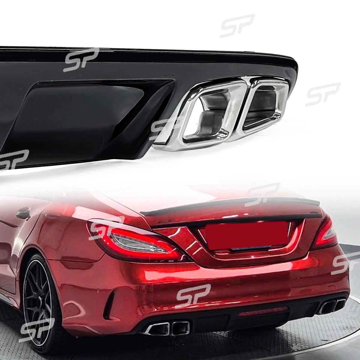Schwarz Glanz Diffusor Silber Endrohre für Mercedes CLS W218 C218 AMG Line 2011-2017