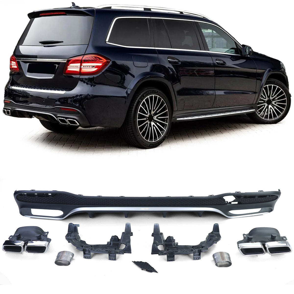 Für Mercedes GLS X166 2015-2019 Stoßstange Heckdiffusor + 4 Rohr Endrohre Chrom