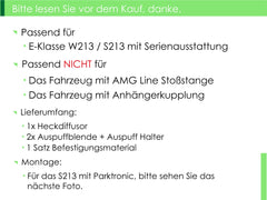 NUR FÜR BENZIN Diffusor Heckdiffusor + Auspuffblenden Chrom für Mercedes E-Klasse W213 S213 mit Serienstoßstange di35