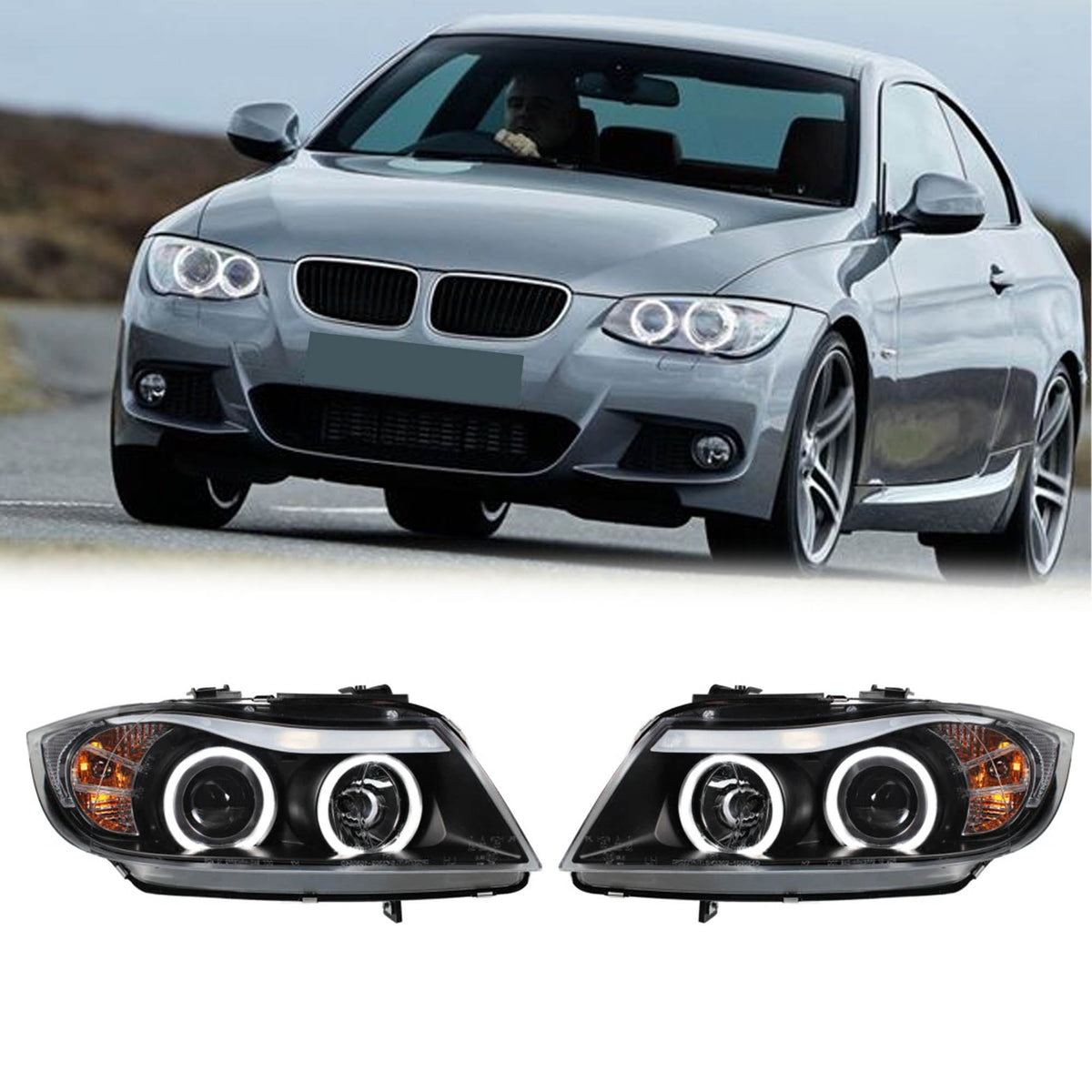 Scheinwerfer Angel Eyes Schwarz Passend für 3er E90 Limousine E91 Touring 2005-2008