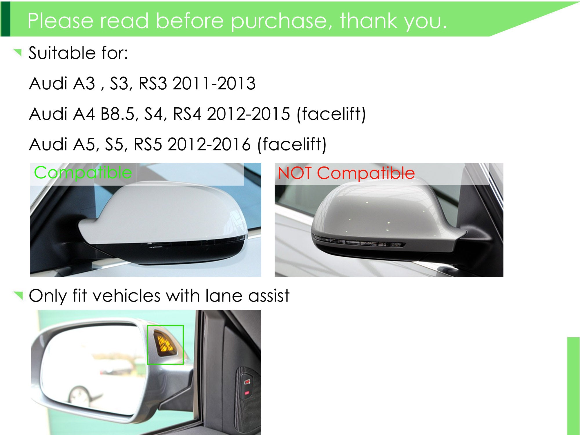 Alu Matt Chrom Spiegelkappen für AUDI A3 8P S3 RS3 2010-2013 Facelift SideAssist mc14