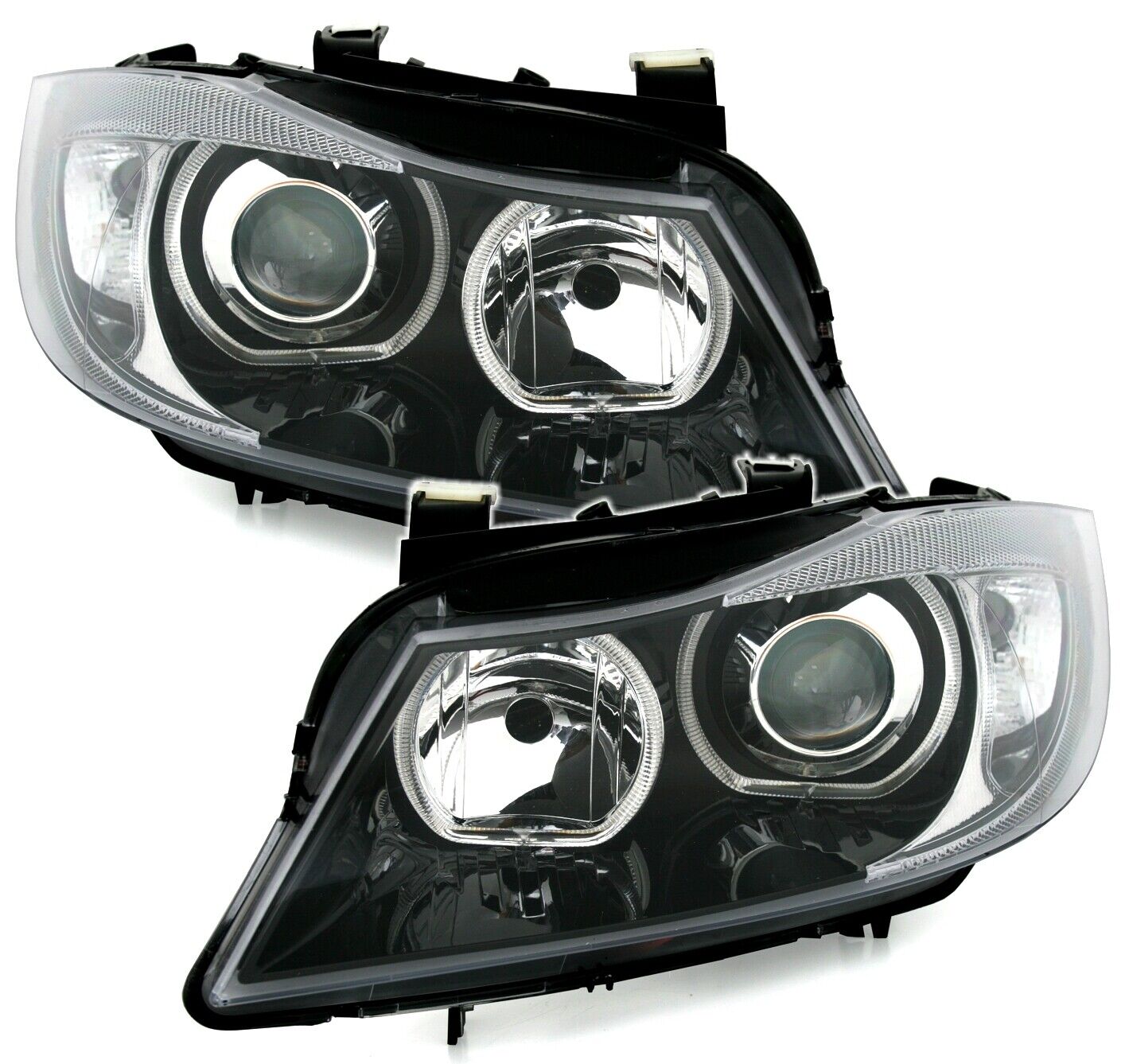 NEU LED Scheinwerfer Angel Eyes Schwarz Passend für 3er E90 E91 2005-2008 mit E-Prüfzeichen