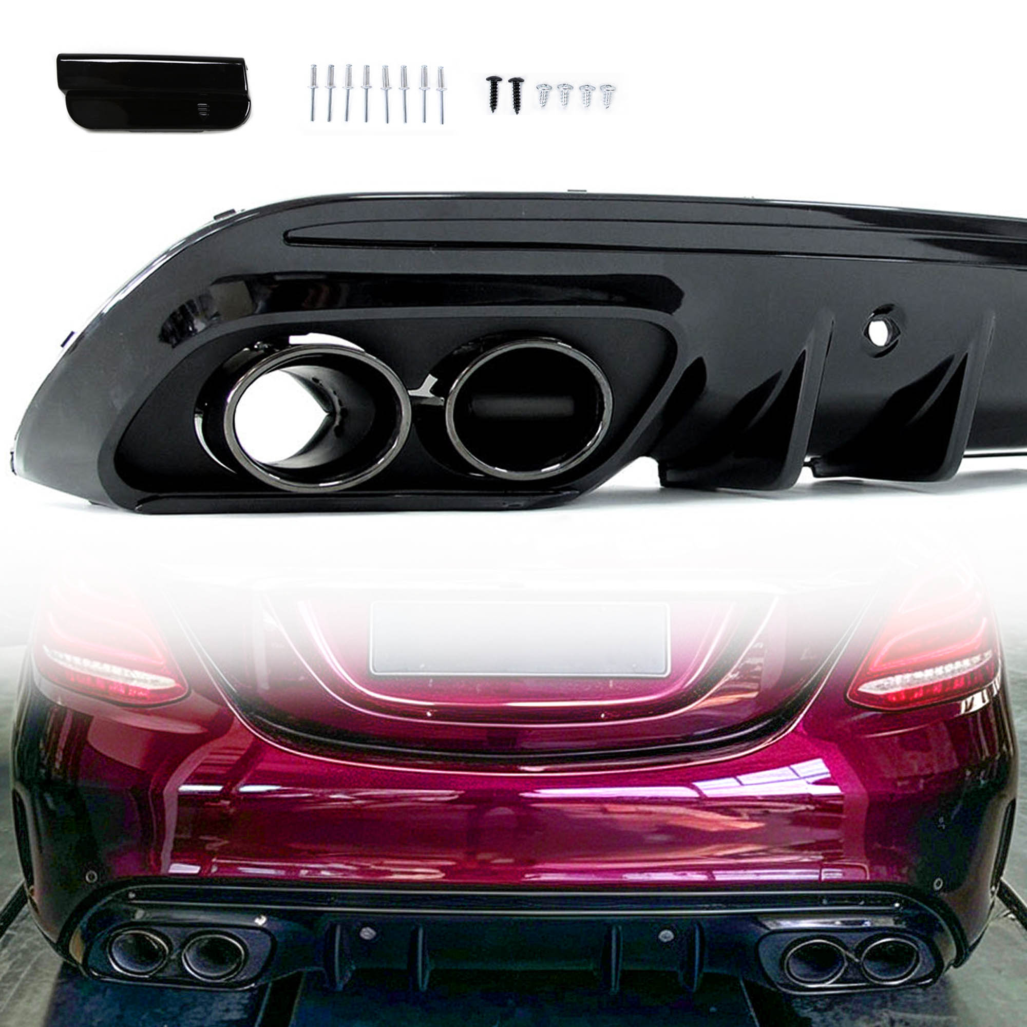 Diffusor Heckdiffusor + Auspuffblenden Schwarz für Mercedes Benz C Klasse W205 S205 AMG Line C43 OHNE ABE