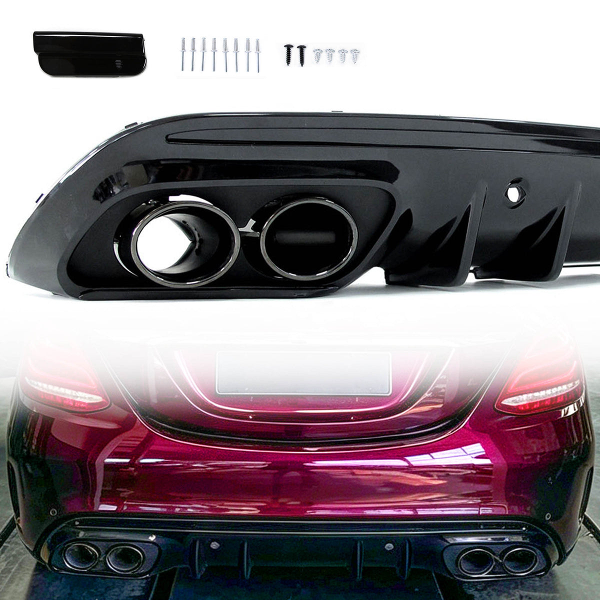 Diffusor Heckdiffusor + Auspuffblenden Schwarz für Mercedes Benz C Klasse W205 S205 AMG Line C43 OHNE ABE