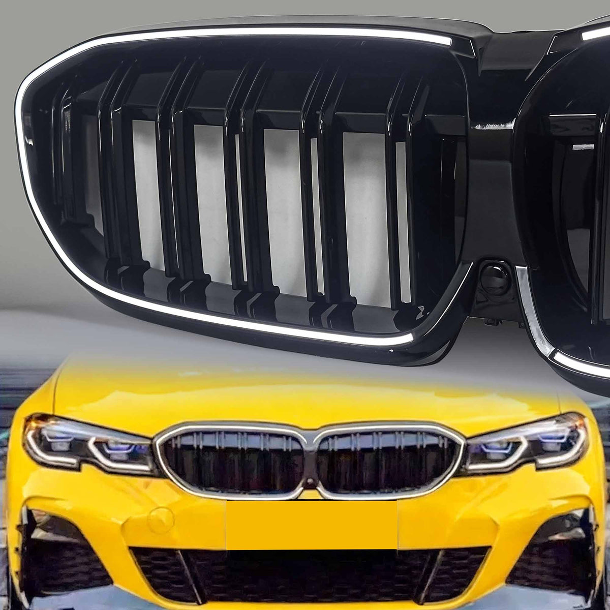 Schwarz Doppelsteg LED Kühlergrill Grill Frontgrill für BMW 3er G20 G21 2019-2022 vor LCI