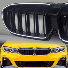 Schwarz Doppelsteg LED Kühlergrill Grill Frontgrill für BMW 3er G20 G21 2019-2022 vor LCI