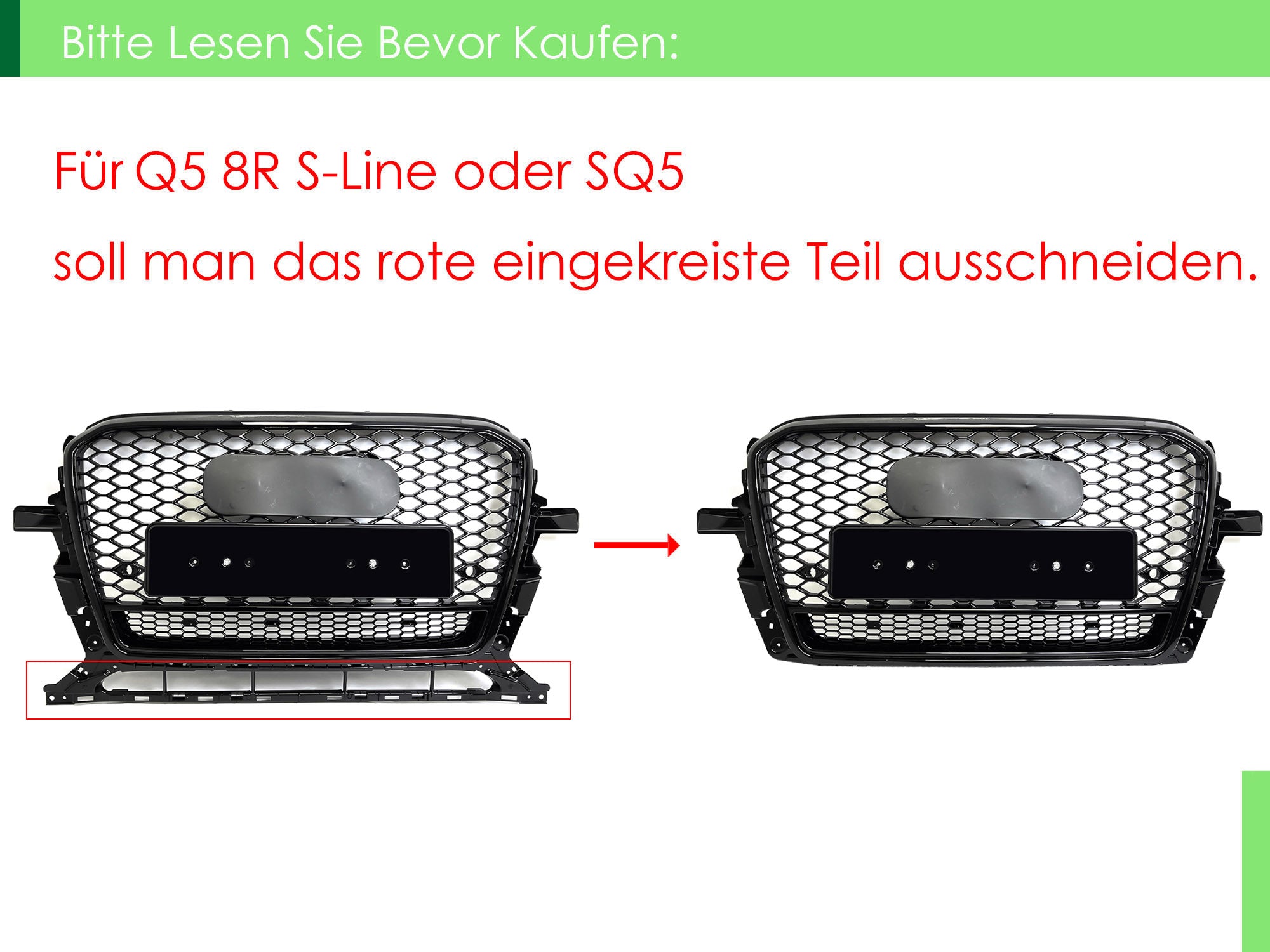 RSQ5 Optik Schwarz Glanz Wabengrill Kühlergrill Front Grill für AUDI Q5 8R SQ5 2013-2017