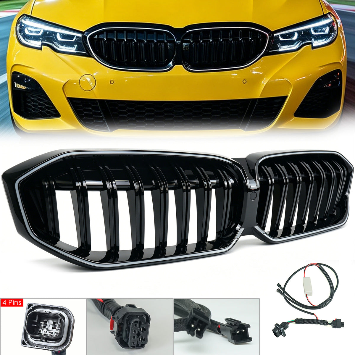 Schwarz LED Kühlergrill Nieren Grill Frontgrill für BMW 3er G20 G21 2023+