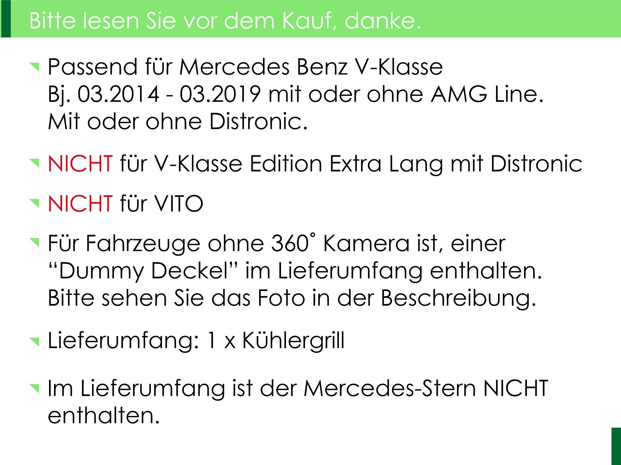 Diamant Kühlergrill Front Grill Schwarz für Mercedes Benz V-Klasse W447 V250 V260 14-19