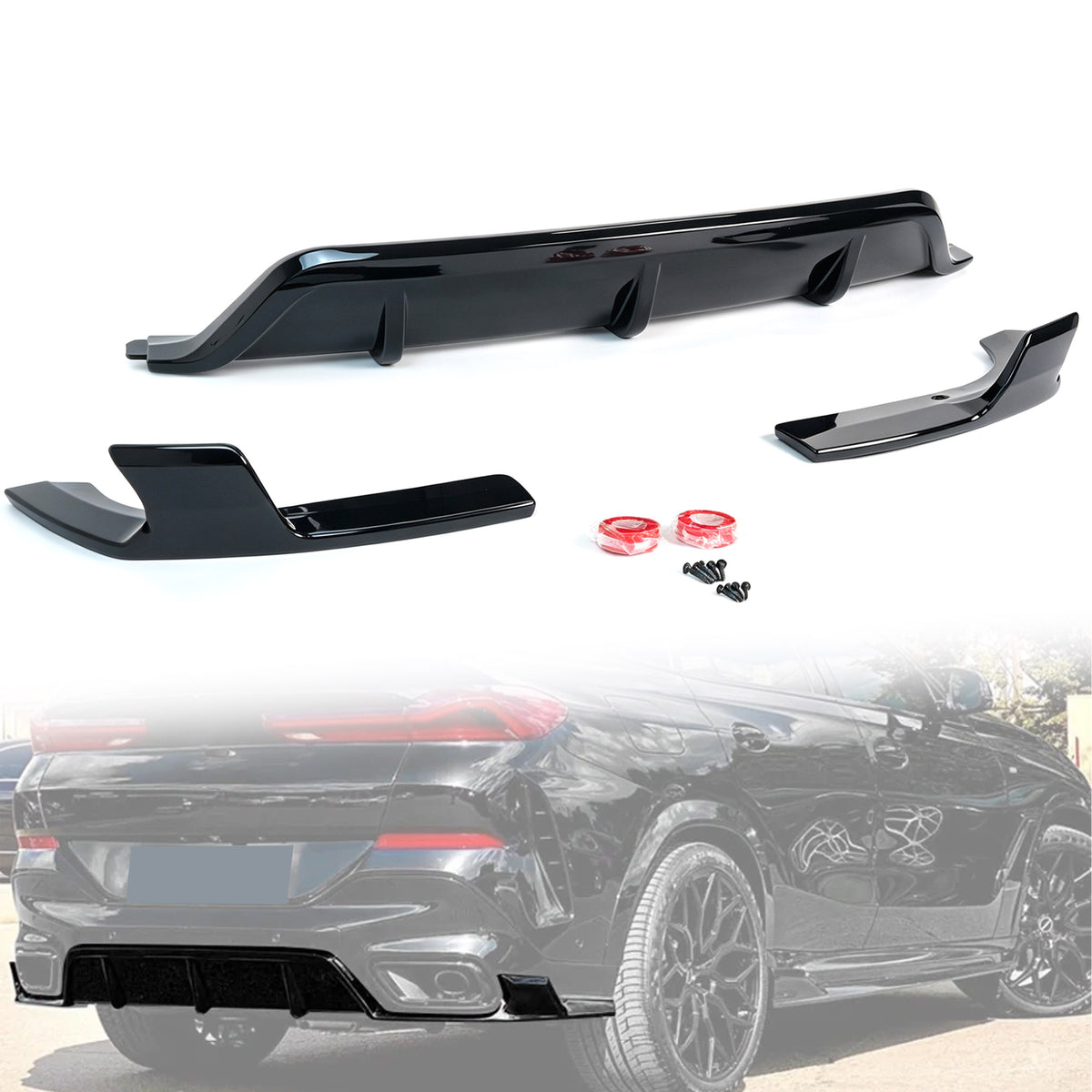 3-teilig Diffusor Heckdiffusor Schwarz Glanz für BMW X6 G06 M Paket 2019+ OHNE ABE