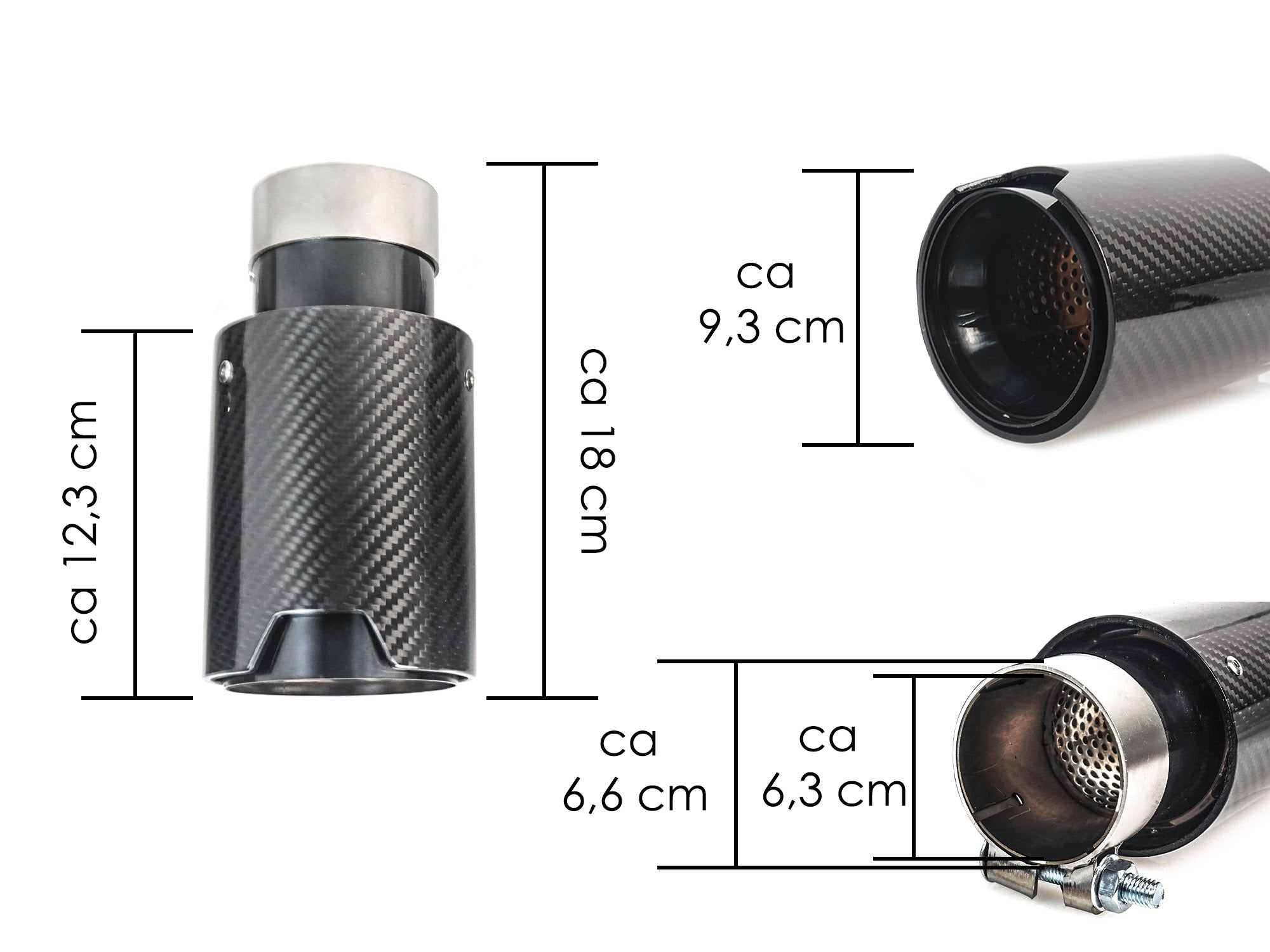 NEU Schwarz Chrom Carbon Fiber Auspuffblende Endrohre Sportauspuff Passend für Universal 60-63mm et278
