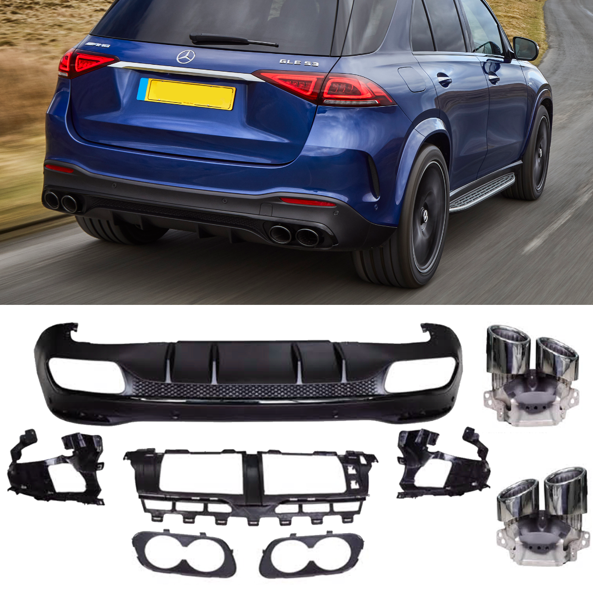 Chrome Diffusor + Auspuffblen 2x2(Chrom) 53 AMG Optik für Mercedes-Benz GLE W167 ab 2019 OHNE ABE