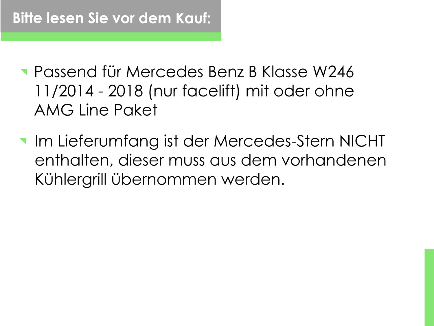 Schwarz Diamantgrill Front Grill Kühlergrill für Mercedes Benz B-Klasse W246 B180 B200 B220 B250 Facelift 2015-2018 fg69
