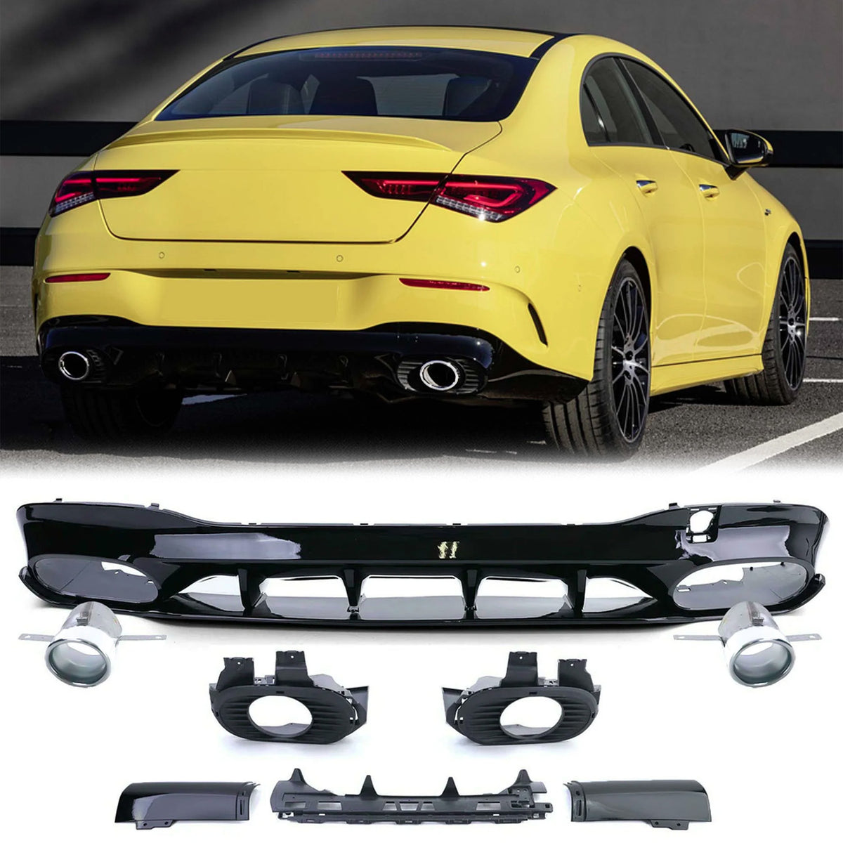 Diffusor Heckdiffusor + Auspuffblenden Schwarz / Chrom für Mercedes CLA C118 X118 AMG Line OHNE ABE